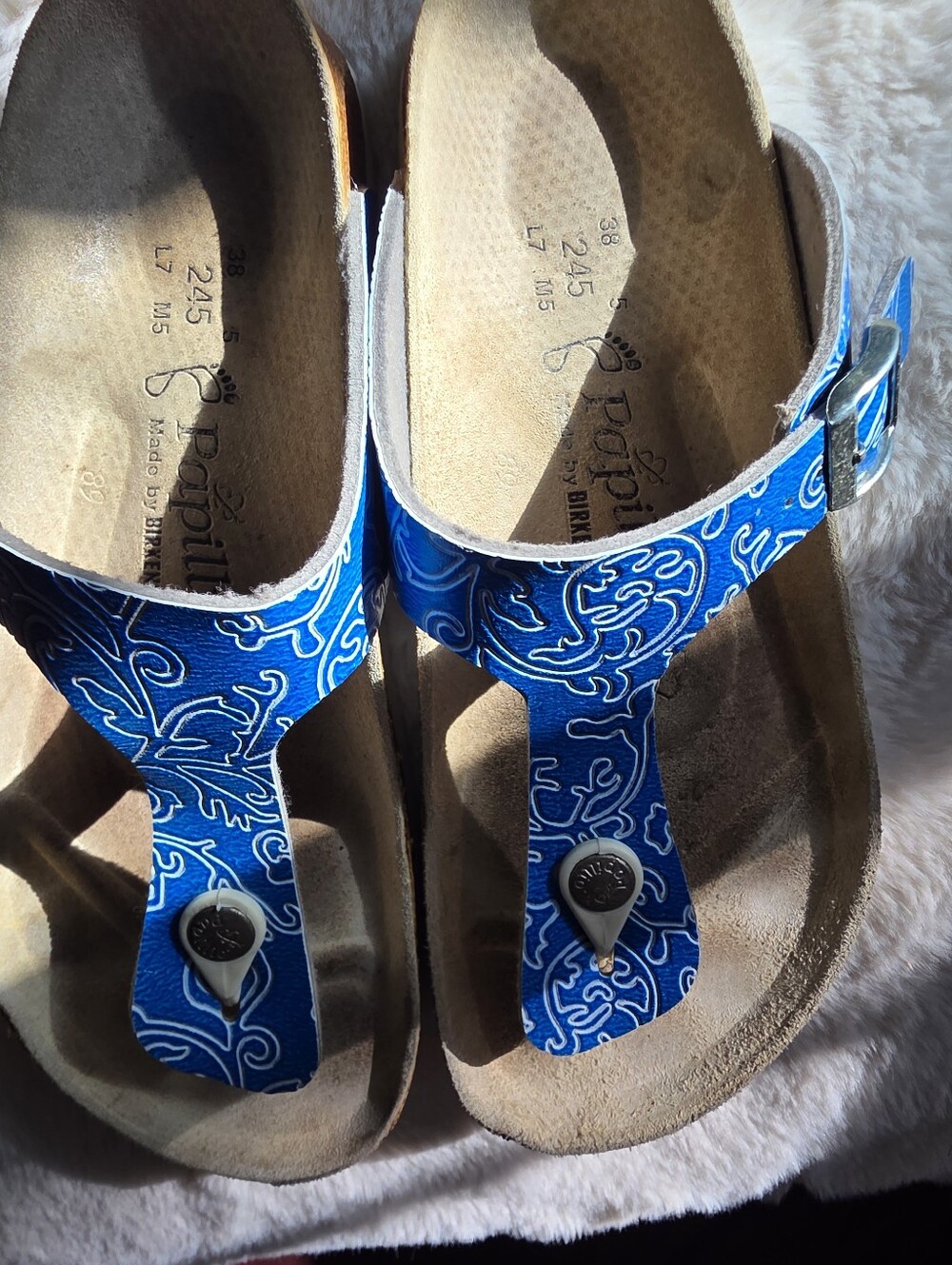 Papillio By Birkenstock Blue Floral-Pattern Thong Sandals Size 38, L7, M5.